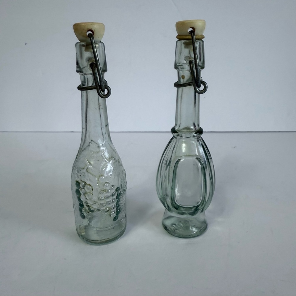 Vintage Morey Italy Glass Bottles Set of 2 Swing Top Grape Embossed Decanters